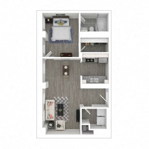 A top-down view of a small apartment with a bed, desk, and kitchenette.